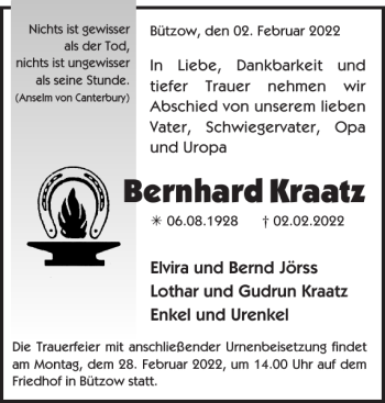 Traueranzeige von Bernhard Kraatz von Bützower Zeitung