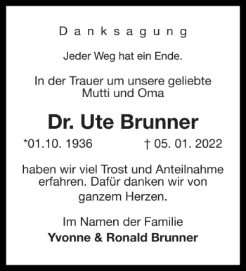 Traueranzeige von Dr. Ute Brunner von Norddeutsche Neueste Nachrichten