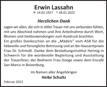 Traueranzeige von Erwin Lassahn von Hagenower Kreisblatt