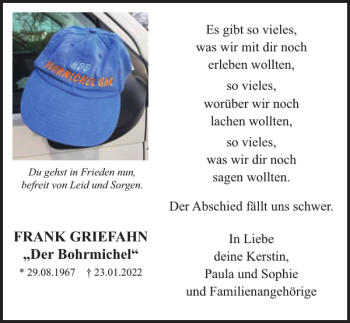 Traueranzeige von FRANK GRIEFAHN Der Bohrmichel von Norddeutsche Neueste Nachrichten