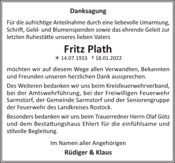 Traueranzeige von Fritz Plath von Güstrower Tageblatt