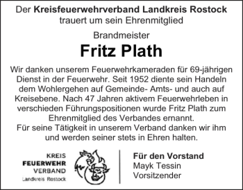 Traueranzeige von Fritz Plath von Güstrower Anzeiger