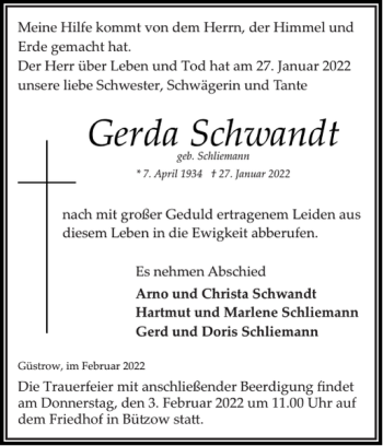 Traueranzeige von Gerda Schwandt von Bützower Zeitung