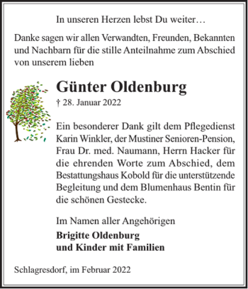 Traueranzeige von Günter Oldenburg von Gadebusch-Rehnaer Zeitung