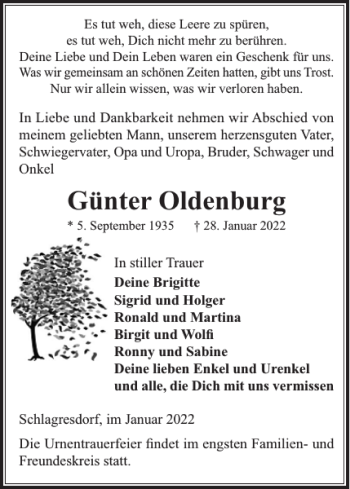 Traueranzeige von Günter Oldenburg von Gadebusch-Rehnaer Zeitung