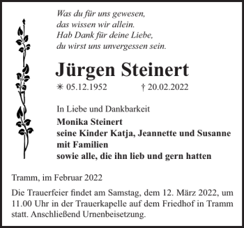 Traueranzeige von Jürgen Steinert von Zeitung für die Landeshauptstadt