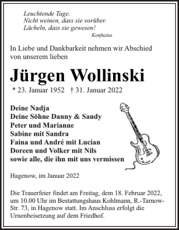 Traueranzeige von Jürgen Wollinski von Hagenower Kreisblatt