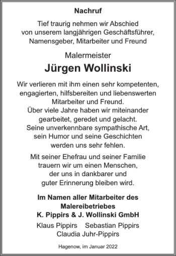 Traueranzeige von Jürgen Wollinski von Hagenower Kreisblatt