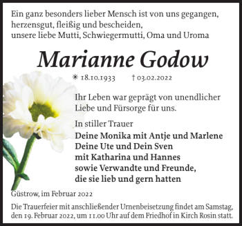 Traueranzeige von Marianne Godow von Güstrower Anzeiger