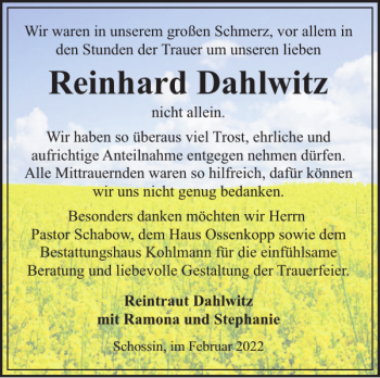 Traueranzeige von Reinhard Dahlwitz von Zeitung für die Landeshauptstadt