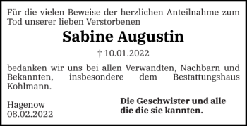 Traueranzeige von Sabine Augustin von Hagenower Kreisblatt