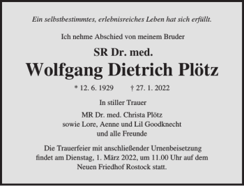 Traueranzeige von Wolfgang Dietrich Plötz von Norddeutsche Neueste Nachrichten