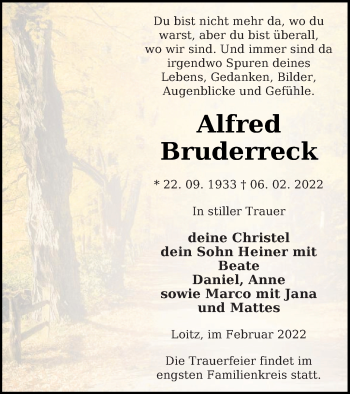 Traueranzeige von Alfred Bruderreck von Neubrandenburger Zeitung