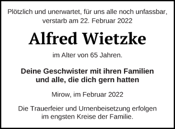Traueranzeige von Alfred Wietzke von Strelitzer Zeitung