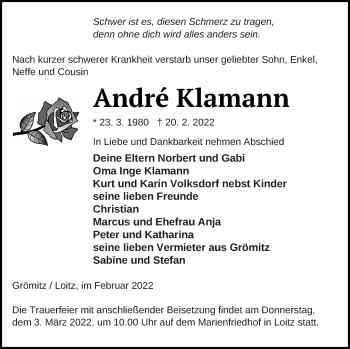 Traueranzeige von Andre Klamann von Vorpommern Kurier