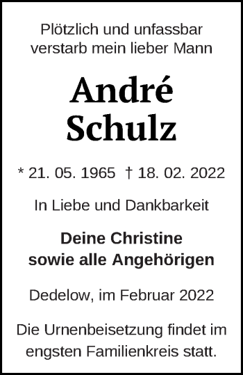 Traueranzeige von Andre Schulz von Prenzlauer Zeitung