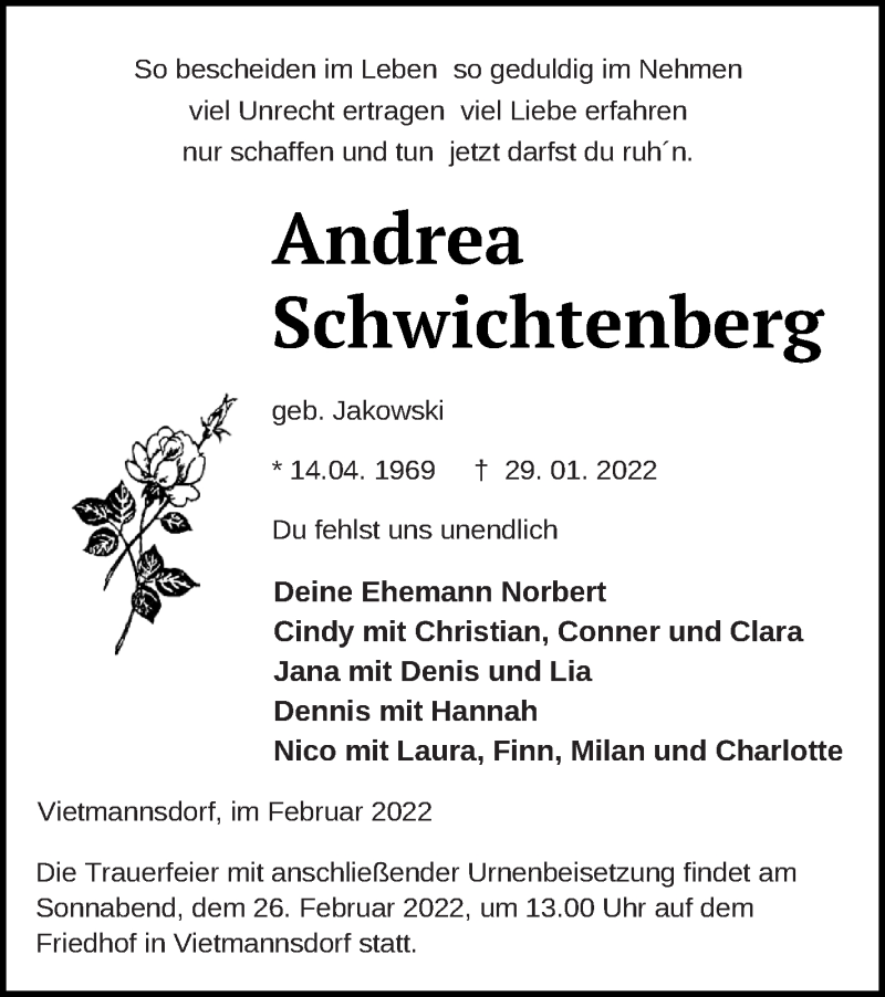  Traueranzeige für Andrea Schwichtenberg vom 11.02.2022 aus Templiner Zeitung