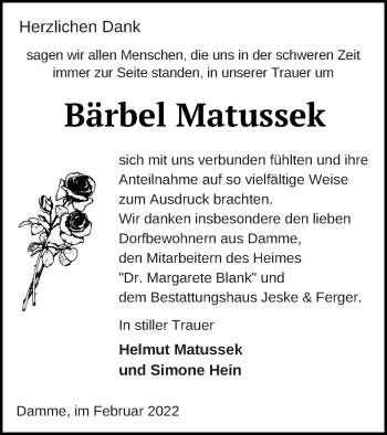 Traueranzeige von Bärbel Matussek von Prenzlauer Zeitung