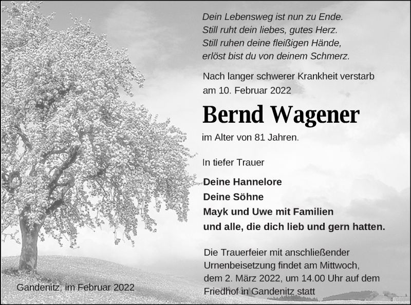  Traueranzeige für Bernd Wagener vom 18.02.2022 aus Prenzlauer Zeitung
