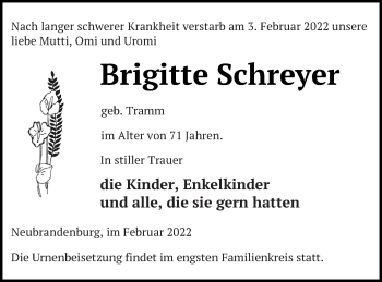 Traueranzeige von Brigitte Schreyer von Müritz-Zeitung