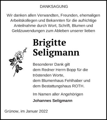 Traueranzeige von Brigitte Seligmann von Prenzlauer Zeitung