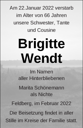 Traueranzeige von Brigitte Wendt von Strelitzer Zeitung