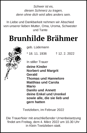 Traueranzeige von Brunhilde Brähmer von Neubrandenburger Zeitung