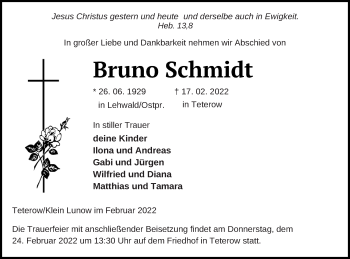 Traueranzeige von Bruno Schmidt von Mecklenburger Schweiz