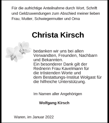 Traueranzeige von Christa Kirsch von Müritz-Zeitung