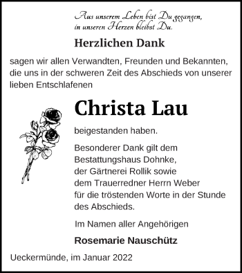 Traueranzeige von Christa Lau von Haff-Zeitung