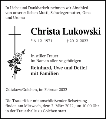 Traueranzeige von Christa Lukowski von Neubrandenburger Zeitung