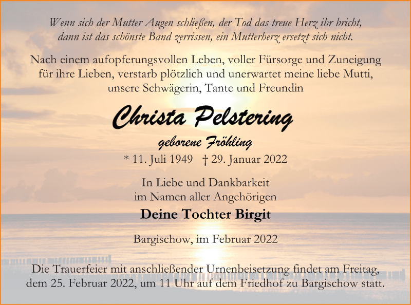  Traueranzeige für Christa Pelstering vom 05.02.2022 aus Vorpommern Kurier