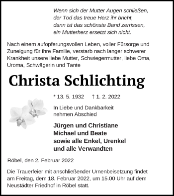 Traueranzeige von Christa Schlichting von Müritz-Zeitung