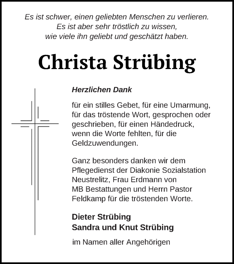  Traueranzeige für Christa Strübing vom 08.02.2022 aus Strelitzer Zeitung