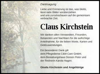 Traueranzeige von Claus Kirchstein von Neubrandenburger Zeitung