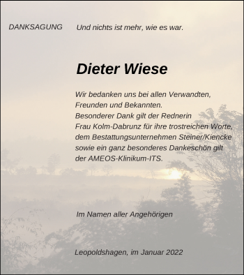 Traueranzeige von Dieter Wiese von Haff-Zeitung