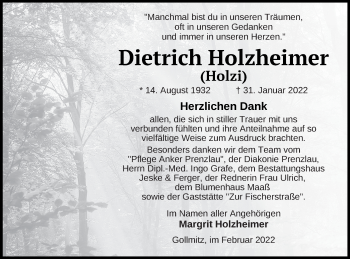 Traueranzeige von Dietrich Holzheimer von Prenzlauer Zeitung