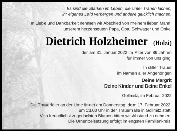 Traueranzeige von Dietrich Holzheimer von Prenzlauer Zeitung