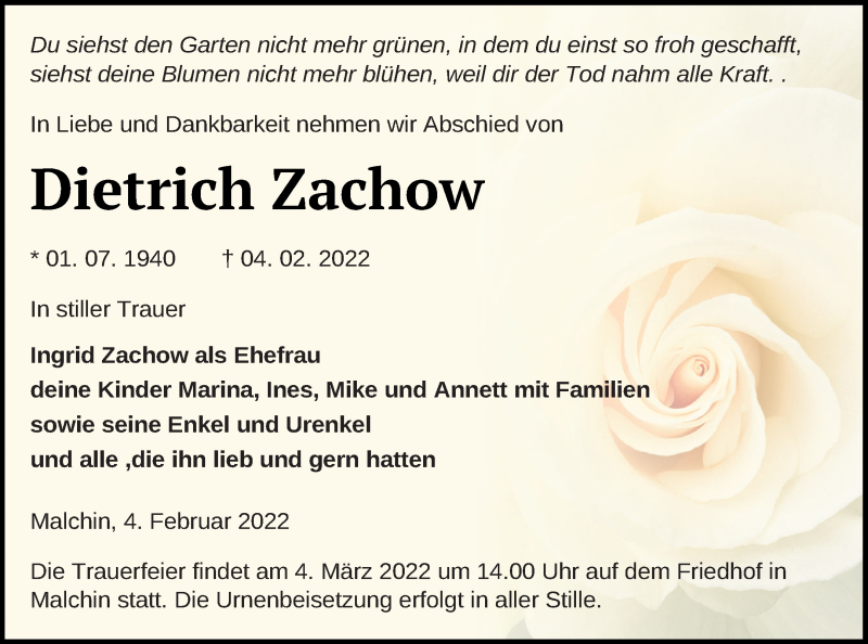  Traueranzeige für Dietrich Zachow vom 11.02.2022 aus Mecklenburger Schweiz