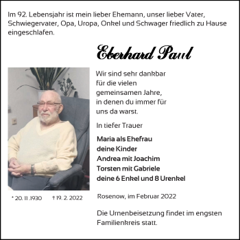 Traueranzeige von Eberhard Paul von Neubrandenburger Zeitung