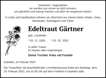 Traueranzeige von Edeltraut Gärtner von Haff-Zeitung