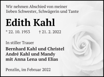 Traueranzeige von Edith Kahl von Müritz-Zeitung