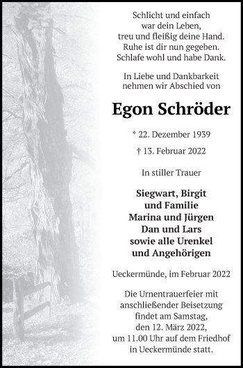 Traueranzeige von Egon Schröder von Haff-Zeitung