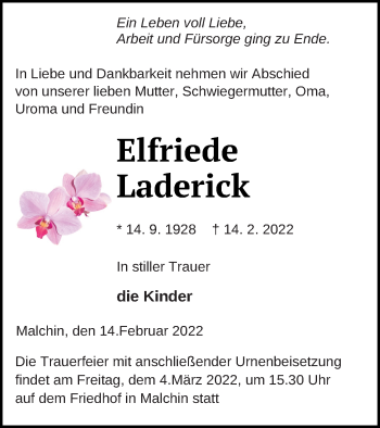 Traueranzeige von Elfriede Laderick von Mecklenburger Schweiz