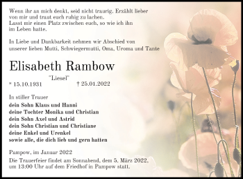 Traueranzeige von Elisabeth Rambow von Pasewalker Zeitung