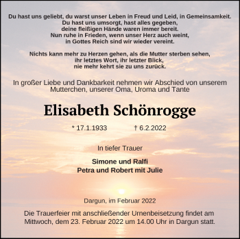 Traueranzeige von Elisabeth Schönrogge von Mecklenburger Schweiz