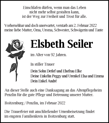 Traueranzeige von Elsbeth Seiler von Templiner Zeitung