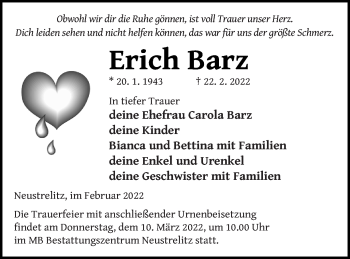 Traueranzeige von Erich Barz von Strelitzer Zeitung