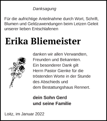 Traueranzeige von Erika Bliemeister von Vorpommern Kurier