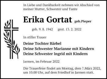 Traueranzeige von Erika Gortat von Vorpommern Kurier